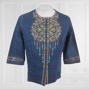 Bob Mackie Womens embroidered denim top boho M vtg